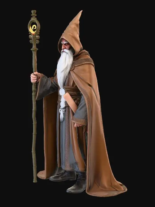 3D model for mystical wizard holding a staff into the air chanting a spell, long flowing robes and a long flowing beard, a look of great power should emanate from his gaze
