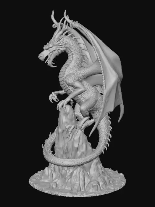 3D model for a fantasy dragon wrapped around the spire of a mountain, breathing fire