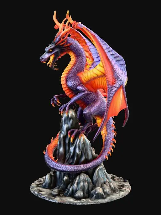 3D model for a fantasy dragon wrapped around the spire of a mountain, breathing fire