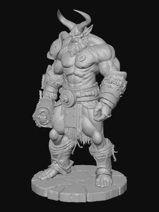 3D model for A muscular orc warrior with horns, one broken. he also has a right arm that has been modified with robotic parts holding a plasma cannon and pointing at a target on a round stone platform