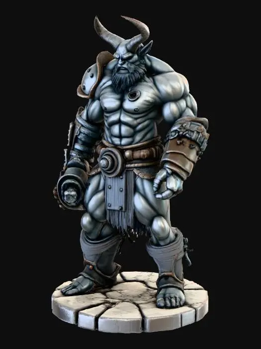 3D model for A muscular orc warrior with horns, one broken. he also has a right arm that has been modified with robotic parts holding a plasma cannon and pointing at a target on a round stone platform