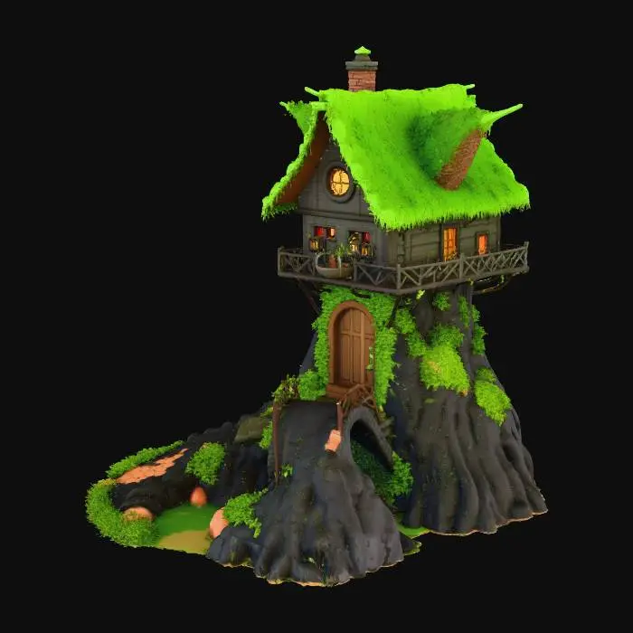 3D model for A fantasy style witches house built into a living tree, with a chimney coming out of it and a path from the front door with a bridge over a creek