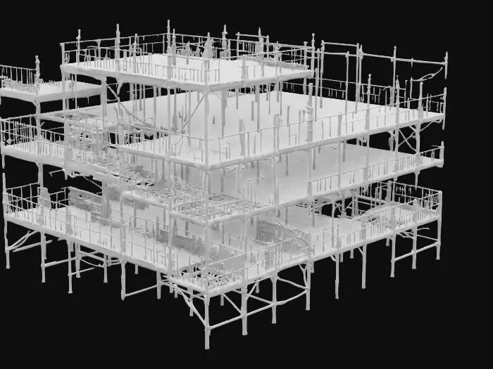 3D model for A realistic urban construction scaffolding network with metal poles, safety nets, and wooden planks