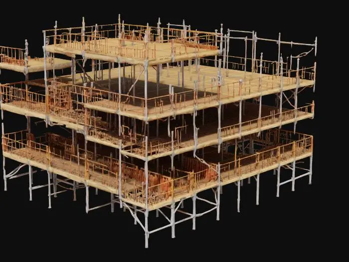 3D model for A realistic urban construction scaffolding network with metal poles, safety nets, and wooden planks