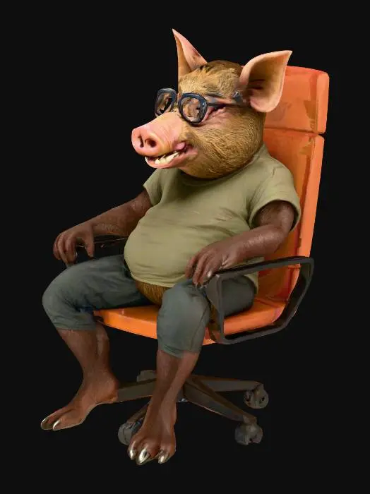 3D model for Un cinghiale selvatico dalla postura stravaccata, ricoperto da folto pelo setoso marrone scuro. Indossa una maglietta a maniche corte che stenta a contenere la sua grossa pancia grassa e un paio di occhiali da vista con lenti spesse e quadrate sul muso. La sua espressione è fortemente arrabbiata, e una sigaretta accesa è stretta tra i suoi denti affilati. È seduto su una piccola sedia da ufficio con quattro gambe fisse in metallo lucido.