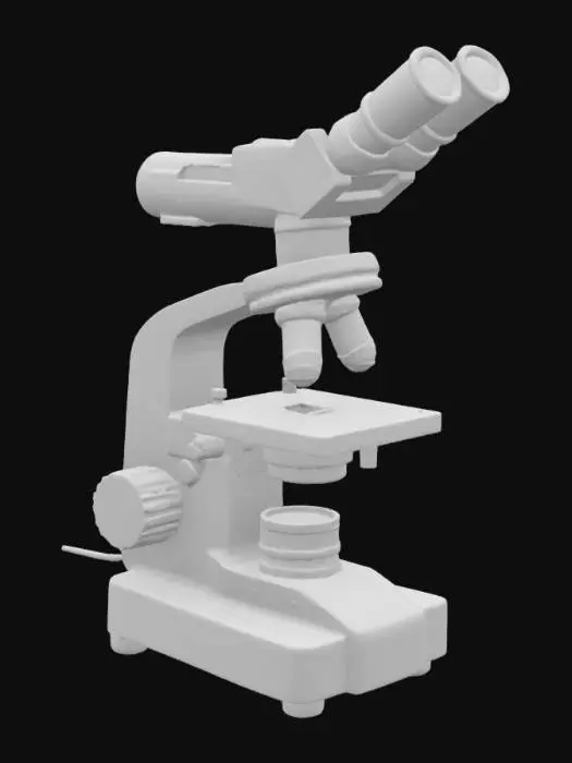 3D model for A highly realistic laboratory microscope, featuring a metal body with a matte gray and black finish, fine and coarse focus knobs, a revolving nosepiece with four objective lenses (4x, 10x, 40x, 100x), an eyepiece with rubber grip, a mechanical stage with stage clips and adjustment knobs, built-in LED light source at the base, realistic textures, scientific-grade detailing, clean and slightly worn appearance for authenticity, realistic proportions and size