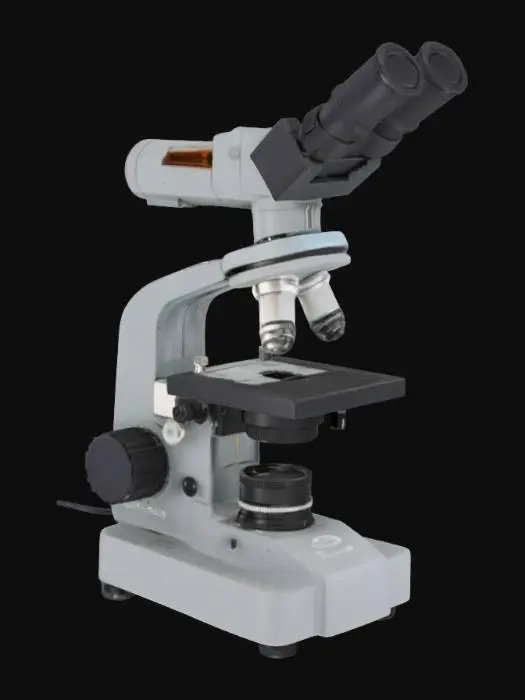 3D model for A highly realistic laboratory microscope, featuring a metal body with a matte gray and black finish, fine and coarse focus knobs, a revolving nosepiece with four objective lenses (4x, 10x, 40x, 100x), an eyepiece with rubber grip, a mechanical stage with stage clips and adjustment knobs, built-in LED light source at the base, realistic textures, scientific-grade detailing, clean and slightly worn appearance for authenticity, realistic proportions and size