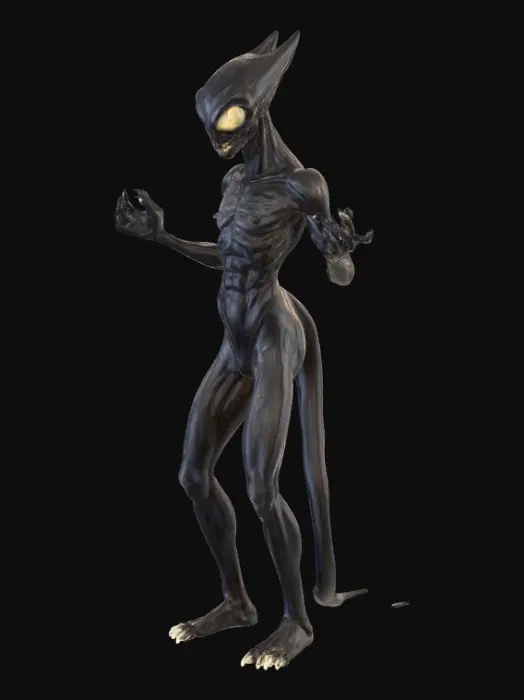 3D model for 一只黑色细长的人形怪物,头部异性,头部没有什么人的特征,手爪尖锐,尖牙利嘴,牙密集