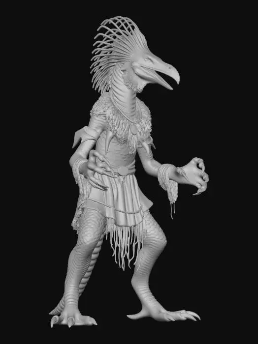 3D model for Reptilian and bird-like creatures with long necks and six limbs (four arms, two legs),and a tail, having scalier, more reptilian bodies, beak-like jaws, and prominent eyebrow tall bipeds, possessing both avian and reptilian features. They dress in elaborate (but threadbare) garments and robes of lace, velvet, and brocade to conceal their frail, rotting bodies while also appearing large and more intimidating.Their heads are beaked and vulturine in form, while also sporting sharp teethTheir gluttony gives them enlarged bellies, and they have long, lizard-like tails, as well as curved quills on their backs. nly one functional pair as the other has become vestigial. This second pair of arms were, initially, wing-like before eventually withering and atrophying