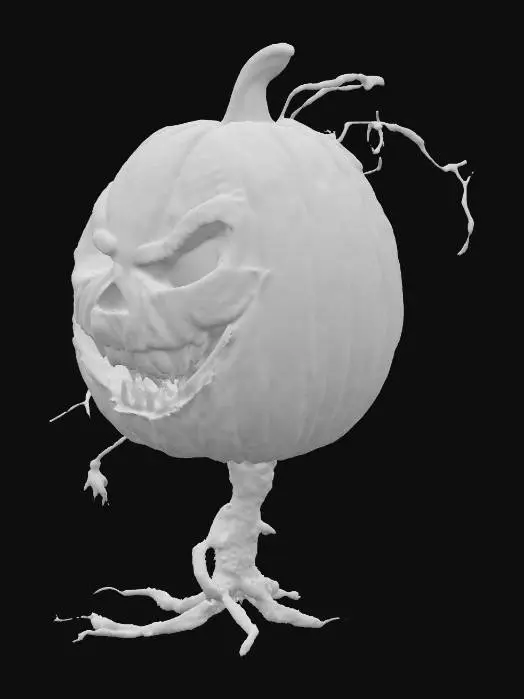 3D model for Holloween | Scary | Hyper-Realistic | Gothic | Grimm | A Orange Taller egg shaped pumpkin with a carved menacing face, rotting vine attached from the top.