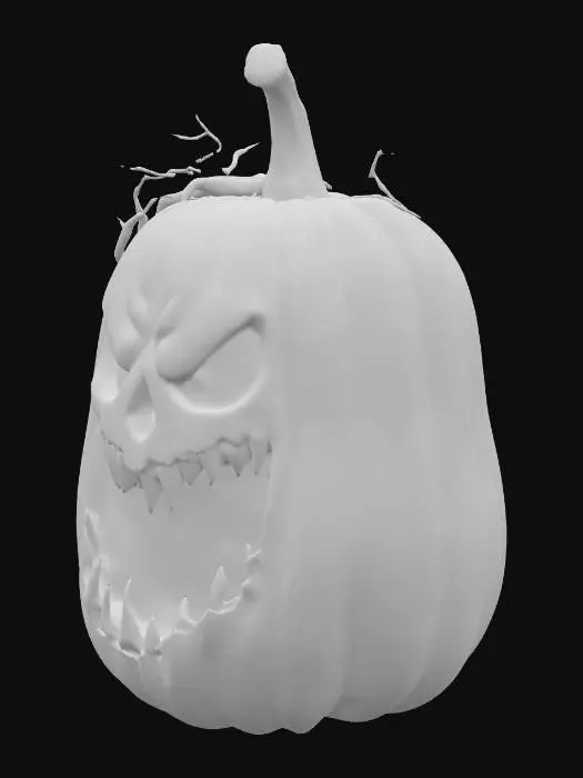 3D model for Holloween | Scary | Hyper-Realistic | Gothic | Grimm | A Orange Taller egg shaped pumpkin with a carved menacing face, rotting vine attached from the top.
