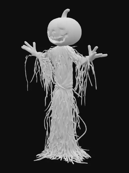 3D model for Halloween | Scary | Hyper-Realistic | Gothic | Grimm | A Scarecrow man, with a orange pumpkin for a head, a worn flannel for the shirt and claws