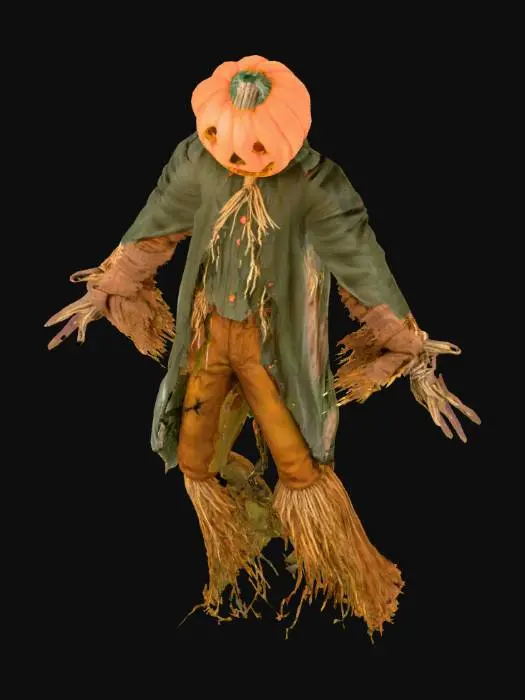 3D model for Halloween | Scary | Hyper-Realistic | Gothic | Grimm | A Scarecrow man, with a orange pumpkin for a head, a worn flannel for the shirt and claws