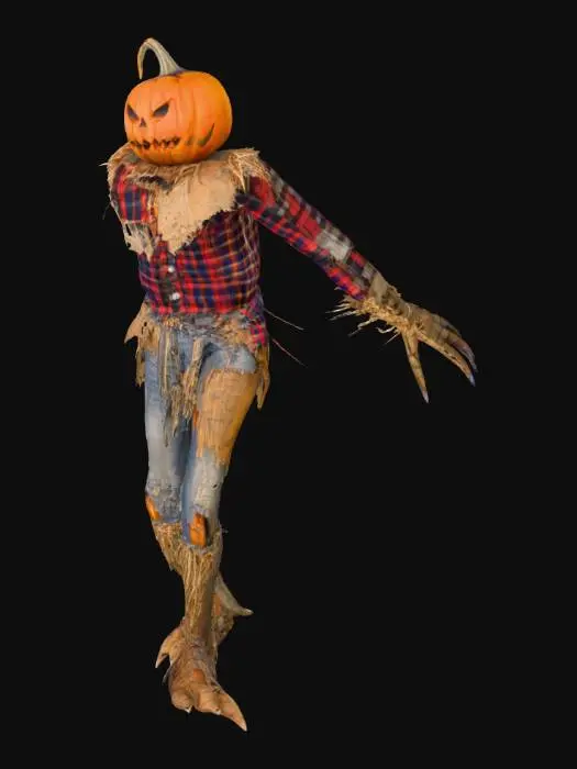 3D model for Halloween | Scary | Hyper-Realistic | Gothic | Grimm | A tall angry Lanky Scarecrow man, with a orange pumpkin for a head, a worn flannel for the shirt and claws