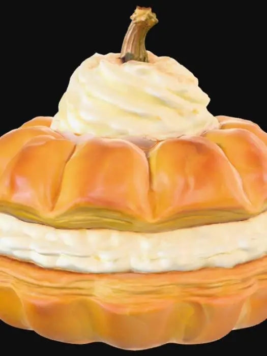 3D model for Hyper-realistic | Pastries | fall  themed | a single one pumpkin Cream puff. On its own, no plate or background