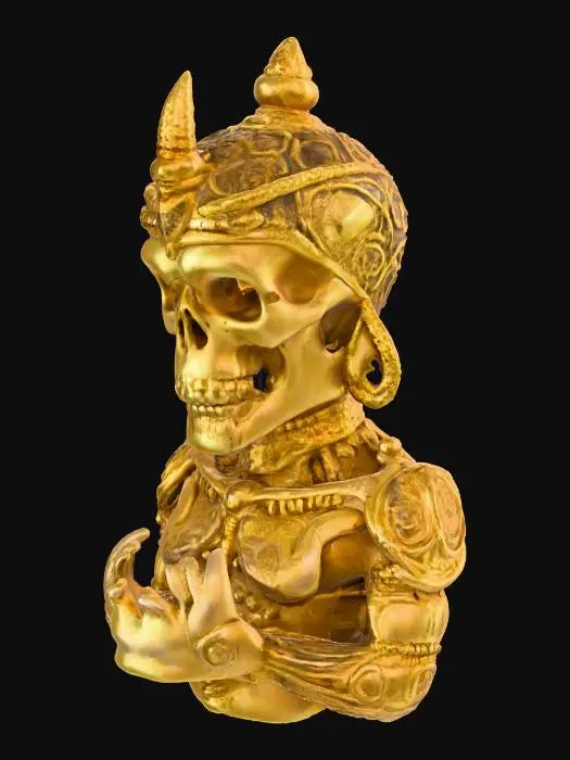 3D model for Hyper-Realistic | Artifact | Ancient | Old | Worn | a golden Idle of a ancient skull from a temple. 