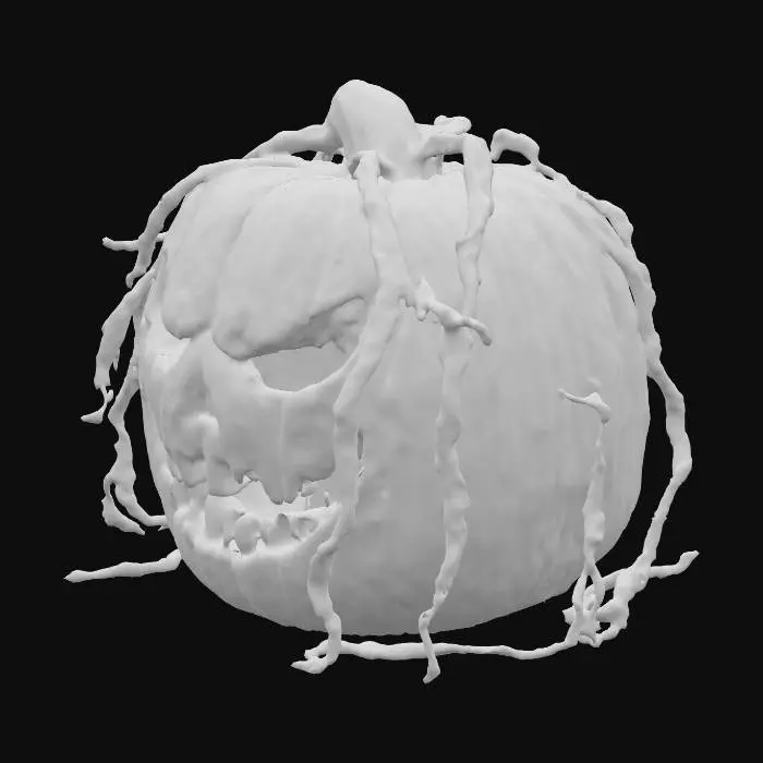 3D model for Halloween | Scary | Hyper-Realistic | Gothic | Grimm | A Orange round pumpkin with a carved menacing face, a curly rotting vine attached from the top. a candle within the pumpkin. 