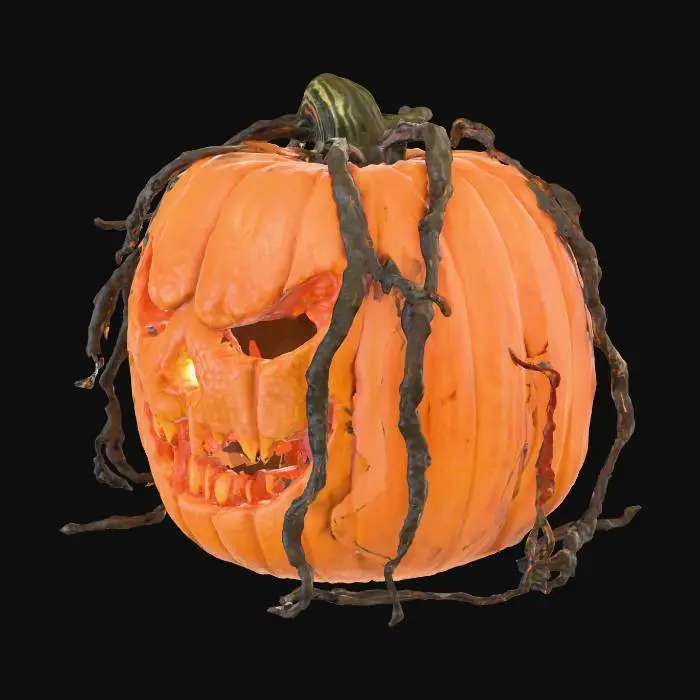 3D model for Halloween | Scary | Hyper-Realistic | Gothic | Grimm | A Orange round pumpkin with a carved menacing face, a curly rotting vine attached from the top. a candle within the pumpkin. 