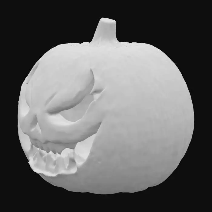 3D model for Halloween | Scary | Hyper-Realistic | Gothic | Grimm | A Orange round pumpkin with a carved menacing face,. a candle within the pumpkin. 