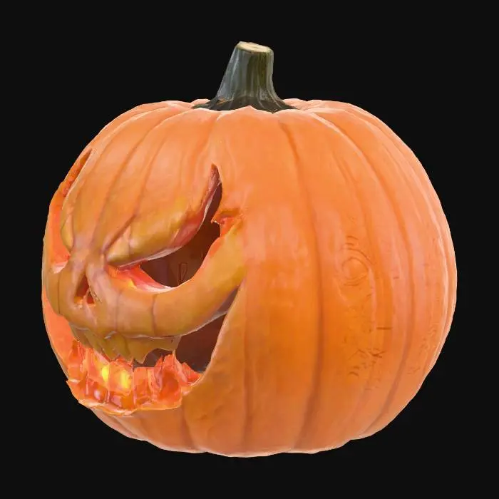 3D model for Halloween | Scary | Hyper-Realistic | Gothic | Grimm | A Orange round pumpkin with a carved menacing face,. a candle within the pumpkin. 