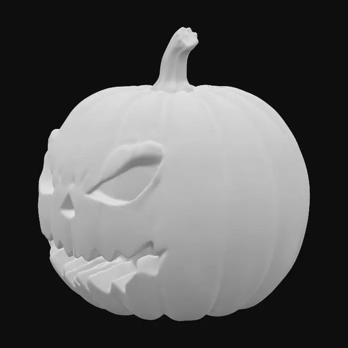 3D model for Halloween | Scary | Hyper-Realistic | Gothic | Grimm | A Orange round pumpkin with a carved menacing face,. a candle within the pumpkin. 