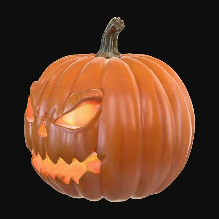 3D model for Halloween | Scary | Hyper-Realistic | Gothic | Grimm | A Orange round pumpkin with a carved menacing face,. a candle within the pumpkin. 