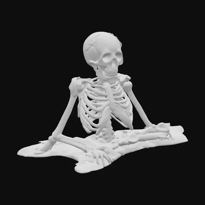 3D model for Halloween | Scary | Hyper-Realistic | Gothic | Grimm | a full body Skeleton corpse resting up against a dead old Tree. 