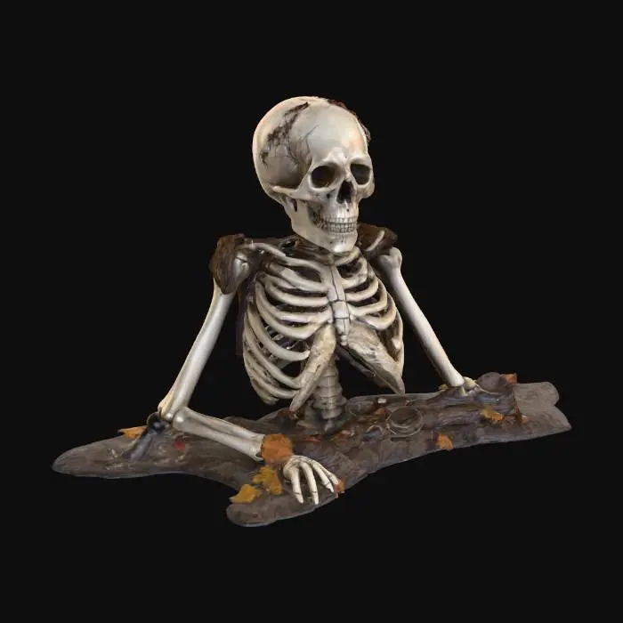 3D model for Halloween | Scary | Hyper-Realistic | Gothic | Grimm | a full body Skeleton corpse resting up against a dead old Tree. 