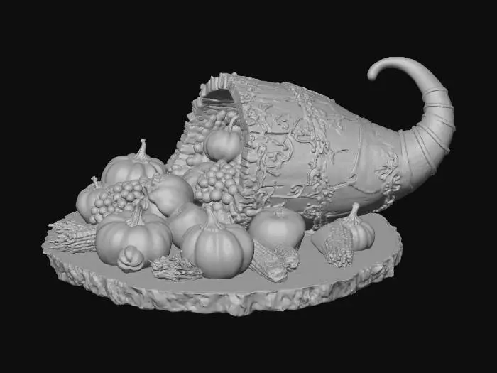 3D model for A stunning photorealistic, cinematic 3D render of an ornate Thanksgiving cornucopia, resting on a rustic dark wood surface. The cornucopia itself is crafted from polished, rich-grained wood with intricate brushed-gold filigree. It is abundantly overflowing with a lavish harvest: diverse ornamental gourds and pumpkins (deep orange, cream white, forest green), plump clusters of dark purple grapes with a realistic powdery bloom, glistening red apples, a single pomegranate split open revealing jewel-like seeds, colorful heirloom corn, and golden wheat sheaves. Scattered autumn leaves (vibrant red maple, brown oak) are mixed in. Cinematic lighting, ultra-realistic high-poly model, digital art, masterpiece, sharp focus, volumetric lighting, dramatic soft shadows, warm tones, bountiful, abundant