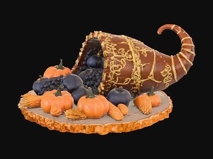 3D model for A stunning photorealistic, cinematic 3D render of an ornate Thanksgiving cornucopia, resting on a rustic dark wood surface. The cornucopia itself is crafted from polished, rich-grained wood with intricate brushed-gold filigree. It is abundantly overflowing with a lavish harvest: diverse ornamental gourds and pumpkins (deep orange, cream white, forest green), plump clusters of dark purple grapes with a realistic powdery bloom, glistening red apples, a single pomegranate split open revealing jewel-like seeds, colorful heirloom corn, and golden wheat sheaves. Scattered autumn leaves (vibrant red maple, brown oak) are mixed in. Cinematic lighting, ultra-realistic high-poly model, digital art, masterpiece, sharp focus, volumetric lighting, dramatic soft shadows, warm tones, bountiful, abundant