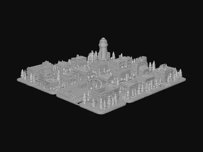 3D model for ## 🏙️ Dünya Yapısı
### Harita
- Tek ama büyük bir şehir (Pulse City)
- Bölgelere ayrılmış:
- Town Center (merkez)
- Residential Area (evler)
- Commercial Area (marketler, dükkanlar)
- Industrial Area (fabrikalar)
- Park / sosyal alanlar
- Polis / asker üsleri
bu roblox oyunun için yukarrıdaki haritayı tasarla.