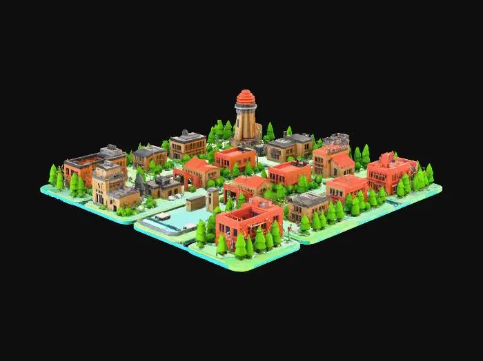 3D model for ## 🏙️ Dünya Yapısı
### Harita
- Tek ama büyük bir şehir (Pulse City)
- Bölgelere ayrılmış:
- Town Center (merkez)
- Residential Area (evler)
- Commercial Area (marketler, dükkanlar)
- Industrial Area (fabrikalar)
- Park / sosyal alanlar
- Polis / asker üsleri
bu roblox oyunun için yukarrıdaki haritayı tasarla.