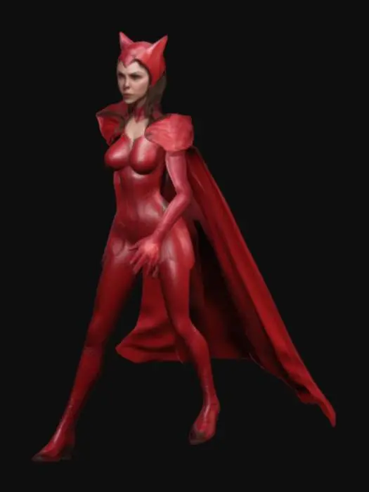 3D model for realistic creation of the Scarlet Witch from the Marvel Universe wearing her iconic red outfit. A-pose or T-pose to benefit the rigging process