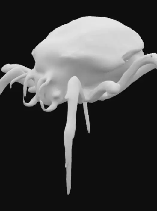 3D model for The spider-like creature is large and intimidating, with a grotesque, bulbous abdomen raised vertically behind its body—suggesting either a defensive or predatory posture. Its body is rough and heavily textured, as if covered in scales or chitin. The head is broad and covered in multiple clustered eyes, giving it a hyper-alert appearance.
Two large, jagged mandibles protrude from its mouth, and a long, tendril-like appendage extends forward, capable of grappling prey. Its six visible legs are segmented and spindly, ending in sharp claw-like tips, ideal for climbing or trapping. The entire form combines traits of a tarantula, a predatory insect, and a nightmarish alien, with a strong emphasis on exaggerated anatomy and a threatening, otherworldly design.