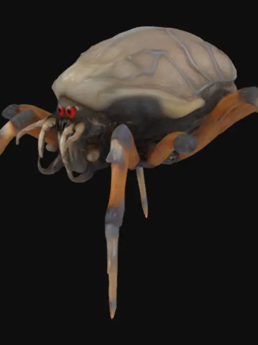 3D model for The spider-like creature is large and intimidating, with a grotesque, bulbous abdomen raised vertically behind its body—suggesting either a defensive or predatory posture. Its body is rough and heavily textured, as if covered in scales or chitin. The head is broad and covered in multiple clustered eyes, giving it a hyper-alert appearance.
Two large, jagged mandibles protrude from its mouth, and a long, tendril-like appendage extends forward, capable of grappling prey. Its six visible legs are segmented and spindly, ending in sharp claw-like tips, ideal for climbing or trapping. The entire form combines traits of a tarantula, a predatory insect, and a nightmarish alien, with a strong emphasis on exaggerated anatomy and a threatening, otherworldly design.