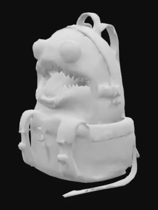 3D model for A mimic disguised as a worn leather backpack. Its cracked brown surface hides twitching seams and retractable tendrils. Inside the main compartment lies a fleshy, tooth-lined maw with a coiled tongue among fake supplies. Brass buckles glint faintly, but move subtly when unobserved. Side pockets hide closed eyelids that blink in darkness. The straps wrap like constricting limbs when attached to prey. It creaks like strained leather, syncing its breathing with nearby footsteps—patient, parasitic, and disturbingly intelligent.