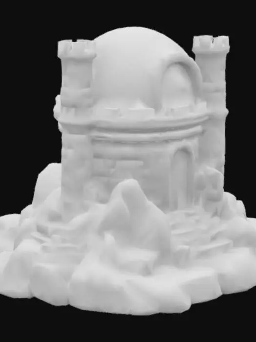 3D model for A small stone observatory built into a steep mountain, leaning forward as if shaped by wind. Its round base is made of uneven, cracked stone blocks. A large dome sits on top, partially caved in, with a broken balcony around it. A short, jagged tower extends from one side. The off-center arched door is partly buried in rock. Though damaged, the structure feels sturdy, worn, and quietly alive.