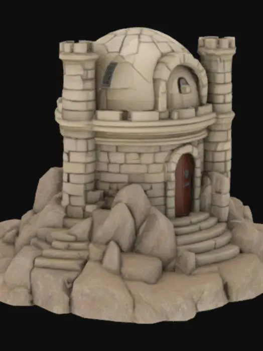 3D model for A small stone observatory built into a steep mountain, leaning forward as if shaped by wind. Its round base is made of uneven, cracked stone blocks. A large dome sits on top, partially caved in, with a broken balcony around it. A short, jagged tower extends from one side. The off-center arched door is partly buried in rock. Though damaged, the structure feels sturdy, worn, and quietly alive.