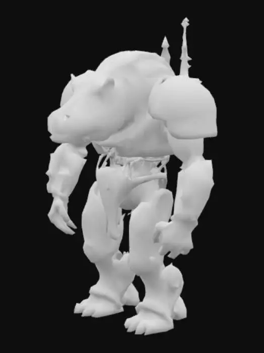 3D model for  A towering machine in the form of a hippopotamus, its body clad in rounded armor plates shaped after the true muscle flow of its living counterpart. The plating is forged in embered bronze and deep lapis, every surface etched with runes chronicling the tale of a forgotten smith-god who gave breath to metal, and a river goddess of storms and rebirth. Beneath its shell lies the living under-gear: iron bones wrapped in gold-threaded hydraulics, pistons that burn with controlled fire, and gears that contract like sinew. Its bionic eyes shine turquoise, flickering with data and divine will. Steam rises from its back like an offering, and with each step, it hums the chorus of the old gods' forgotten wars.


