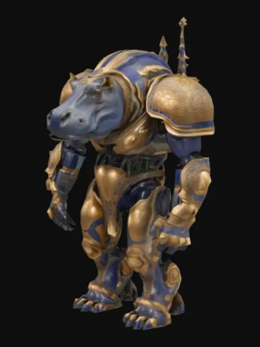 3D model for  A towering machine in the form of a hippopotamus, its body clad in rounded armor plates shaped after the true muscle flow of its living counterpart. The plating is forged in embered bronze and deep lapis, every surface etched with runes chronicling the tale of a forgotten smith-god who gave breath to metal, and a river goddess of storms and rebirth. Beneath its shell lies the living under-gear: iron bones wrapped in gold-threaded hydraulics, pistons that burn with controlled fire, and gears that contract like sinew. Its bionic eyes shine turquoise, flickering with data and divine will. Steam rises from its back like an offering, and with each step, it hums the chorus of the old gods' forgotten wars.

