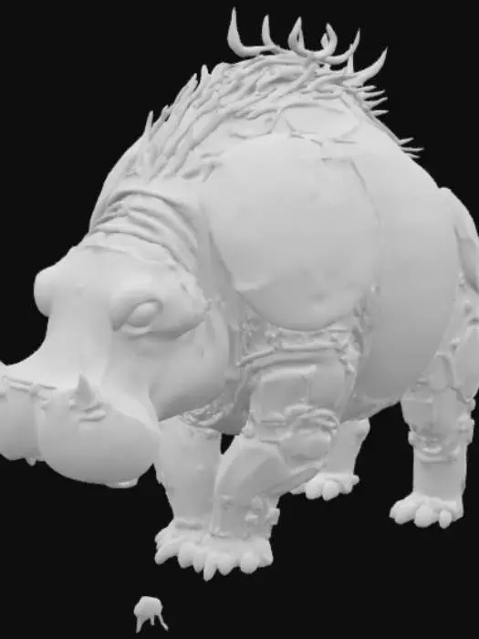 3D model for A towering machine in the form of a hippopotamus, its body clad in rounded armor plates shaped after the true muscle flow of its living counterpart. The plating is forged in embered bronze and deep lapis, every surface etched with runes chronicling the tale of a forgotten smith-god who gave breath to metal, and a river goddess of storms and rebirth. Beneath its shell lies the living under-gear: iron bones wrapped in gold-threaded hydraulics, pistons that burn with controlled fire, and gears that contract like sinew. Its bionic eyes shine turquoise, flickering with data and divine will. Steam rises from its back like an offering, and with each step, it hums the chorus of the old gods' forgotten wars.