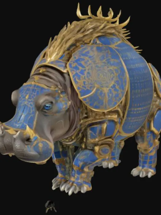 3D model for A towering machine in the form of a hippopotamus, its body clad in rounded armor plates shaped after the true muscle flow of its living counterpart. The plating is forged in embered bronze and deep lapis, every surface etched with runes chronicling the tale of a forgotten smith-god who gave breath to metal, and a river goddess of storms and rebirth. Beneath its shell lies the living under-gear: iron bones wrapped in gold-threaded hydraulics, pistons that burn with controlled fire, and gears that contract like sinew. Its bionic eyes shine turquoise, flickering with data and divine will. Steam rises from its back like an offering, and with each step, it hums the chorus of the old gods' forgotten wars.