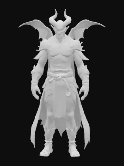 3D model for A lean, muscular figure marked by crimson skin and jagged black tattoos. Sharp features, glowing yellow-red eyes, and a crown of short black horns give a demonic, intimidating presence. Dressed in layered black robes with fitted armor pieces and martial-style boots. Ultra Realistic, epic pose, A-frame pose
