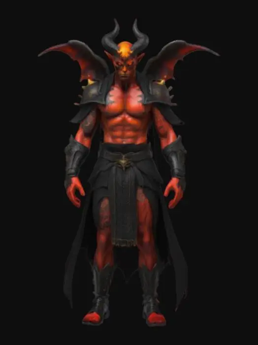 3D model for A lean, muscular figure marked by crimson skin and jagged black tattoos. Sharp features, glowing yellow-red eyes, and a crown of short black horns give a demonic, intimidating presence. Dressed in layered black robes with fitted armor pieces and martial-style boots. Ultra Realistic, epic pose, A-frame pose
