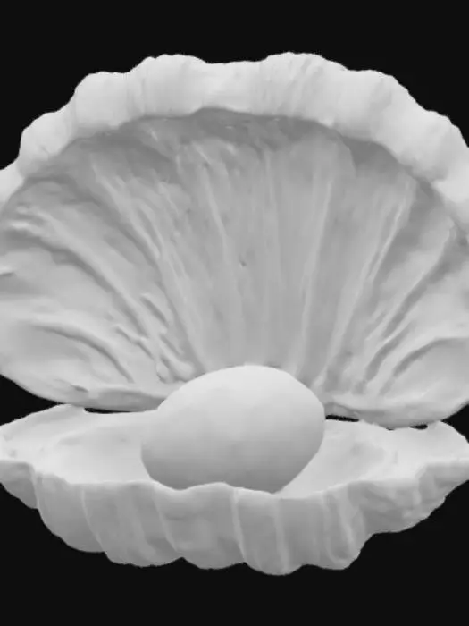 3D model for A titanic clam shell, its ridged valves towering like ancient cathedral doors, yawns wide to reveal fleshy, iridescent innards. The shell’s exterior is weathered ivory streaked with pearlescent blues and greens, each ribbed contour catching faint light. Inside, velvet-soft mantle tissue undulates around a colossal, lustrous pearl—smooth, opalescent, and nearly as large as a human head—nestled in the clam’s gaping maw as if it were a guardian of some hidden oceanic treasure.#ocean#