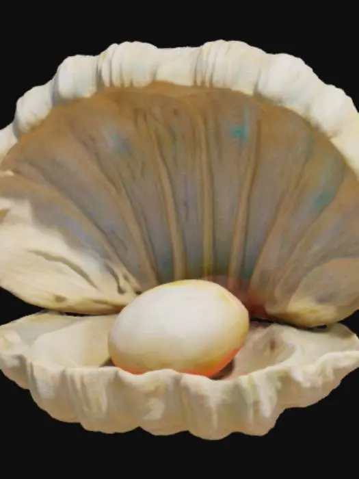 3D model for A titanic clam shell, its ridged valves towering like ancient cathedral doors, yawns wide to reveal fleshy, iridescent innards. The shell’s exterior is weathered ivory streaked with pearlescent blues and greens, each ribbed contour catching faint light. Inside, velvet-soft mantle tissue undulates around a colossal, lustrous pearl—smooth, opalescent, and nearly as large as a human head—nestled in the clam’s gaping maw as if it were a guardian of some hidden oceanic treasure.#ocean#