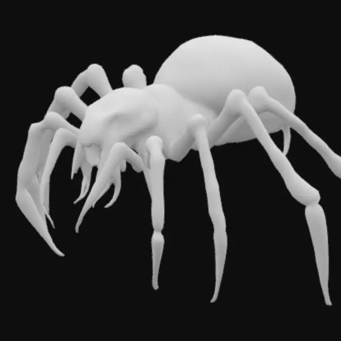 3D model for The spider-like creature is large and intimidating, with a grotesque, bulbous abdomen raised vertically behind its body—suggesting either a defensive or predatory posture. Its body is rough and heavily textured, as if covered in scales or chitin. The head is broad and covered in multiple clustered eyes, giving it a hyper-alert appearance.
Two large, jagged mandibles protrude from its mouth, and a long, tendril-like appendage extends forward, capable of grappling prey. Its six visible legs are segmented and spindly, ending in sharp claw-like tips, ideal for climbing or trapping. The entire form combines traits of a tarantula, a predatory insect, and a nightmarish alien, with a strong emphasis on exaggerated anatomy and a threatening, otherworldly design.