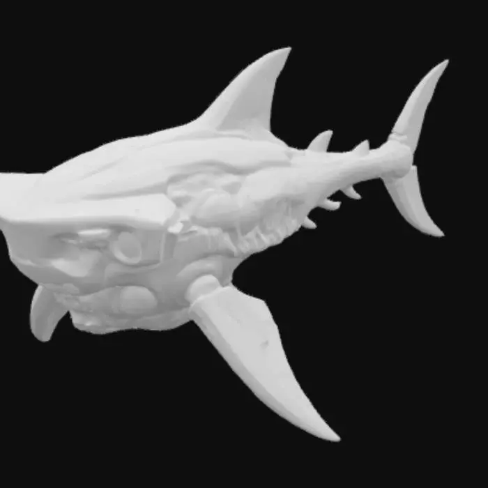 3D model for A hyper-realistic mechanical hammerhead shark design — sleek, predatory, and forged with angular, sculpted armor. Its broad, T-shaped head resembles a war axe, with reinforced edges ending in sensor-laced impact flanges. Deep-set, glowing eyes peer from armored sockets, giving a calculating, intelligent presence. The segmented body features layered plating, spine-like ridges, and articulated fins with alloy spines for directional control. A hydraulic tail with a tri-blade fin coils with lethal precision. Polished metallic surfaces blend with glowing bioluminescent seams, creating a fusion of predator and machine built for power and speed.

