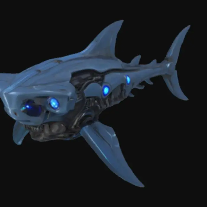 3D model for A hyper-realistic mechanical hammerhead shark design — sleek, predatory, and forged with angular, sculpted armor. Its broad, T-shaped head resembles a war axe, with reinforced edges ending in sensor-laced impact flanges. Deep-set, glowing eyes peer from armored sockets, giving a calculating, intelligent presence. The segmented body features layered plating, spine-like ridges, and articulated fins with alloy spines for directional control. A hydraulic tail with a tri-blade fin coils with lethal precision. Polished metallic surfaces blend with glowing bioluminescent seams, creating a fusion of predator and machine built for power and speed.

