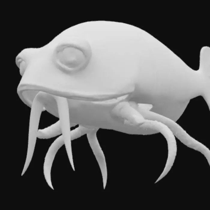 3D model for #ocean#, #ocean#, A lifelike cuttlefish rendered in a sophisticated animated-film style: its broad, oval mantle shimmers with iridescent bands of teal, violet, and silver, each color shifting subtly as if alive. Delicate, ribbed fins run along its sides, undulating in soft waves that convey gentle propulsion. A pair of large, expressive eyes—with horizontal, W-shaped pupils—gleam like polished onyx, reflecting ambient light. Beneath, eight graceful arms and two longer feeding tentacles fan outward, their surfaces textured with tiny suction cups and fine papillae. Every ridge, bump, and chromatophore is defined in high detail, giving the creature both a playful expressiveness and convincing realism.